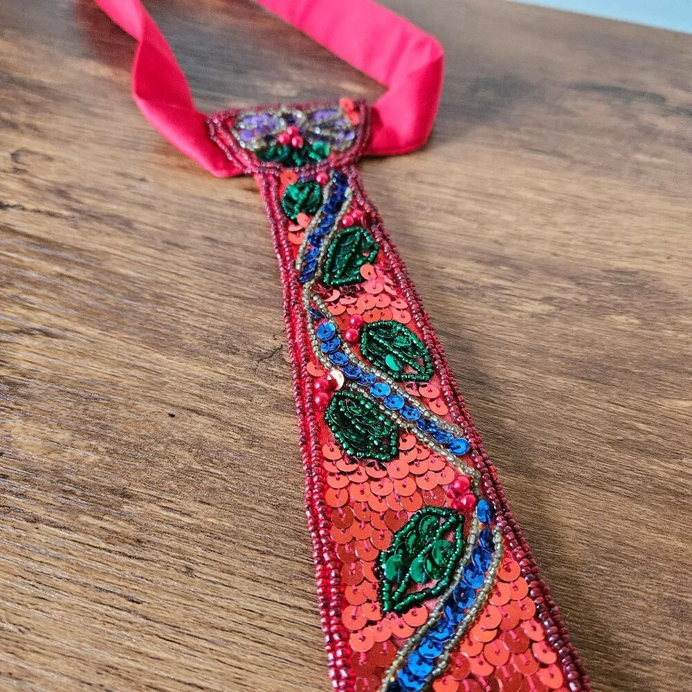 Vintage 90s Christmas Tree Ugly Sweater Party Sequin‎ Embellished Neck Tie